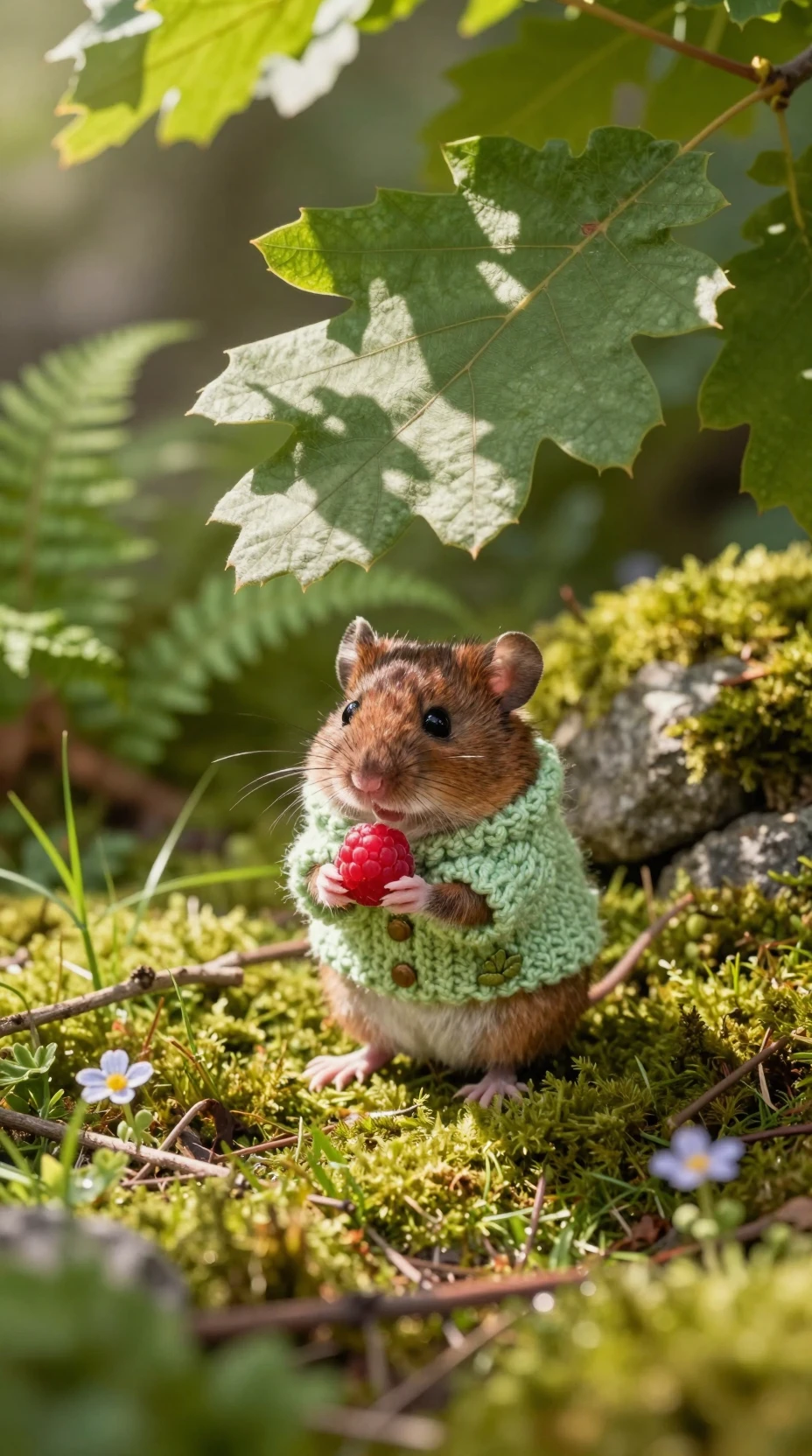 Pequeño ratón de campo con suéter sosteniendo una frambuesa
