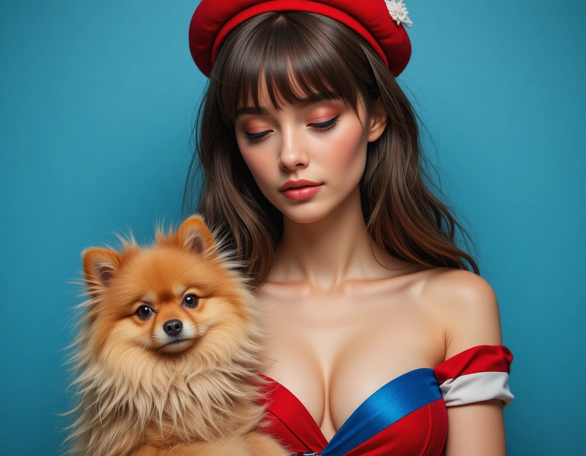 Stylish woman in red beret holding fluffy Pomeranian dog