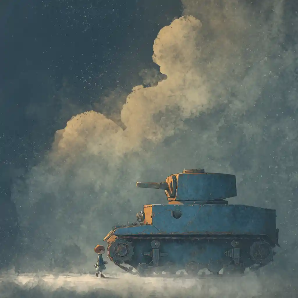 Surreal old tank drifting through mist and giant crayons