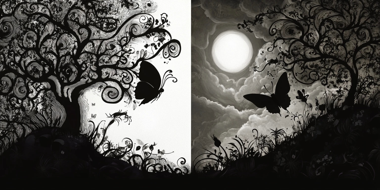 Fairytale diptych of trees and vines under glowing moon