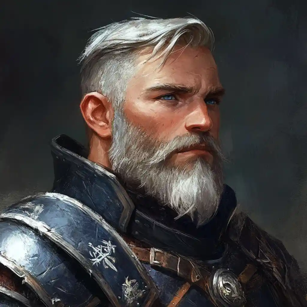 Medieval gnome armorer with magical armor and silver beard