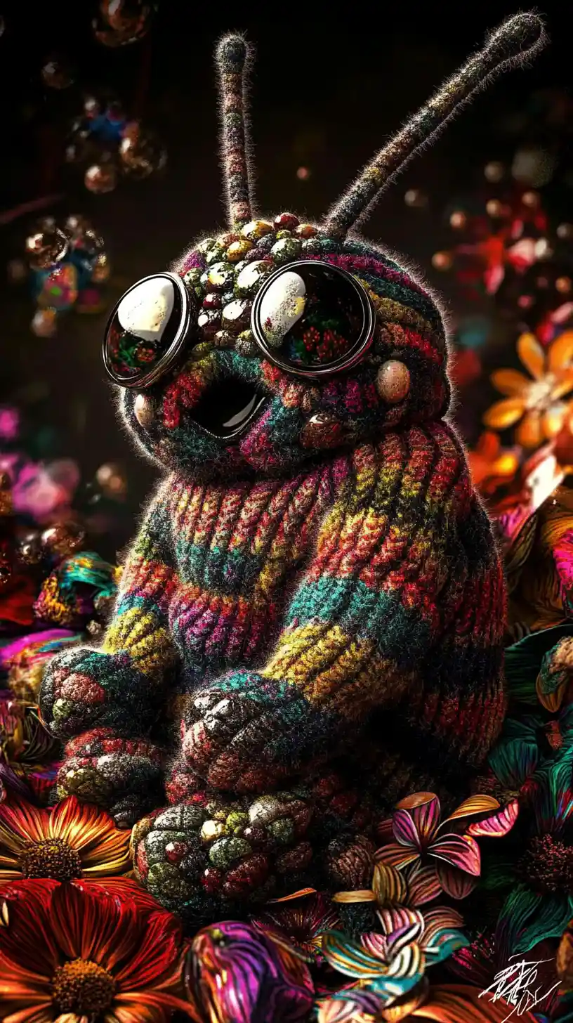Verspielte Raupe im gestreiften Pullover in einem psychedelischen Garten