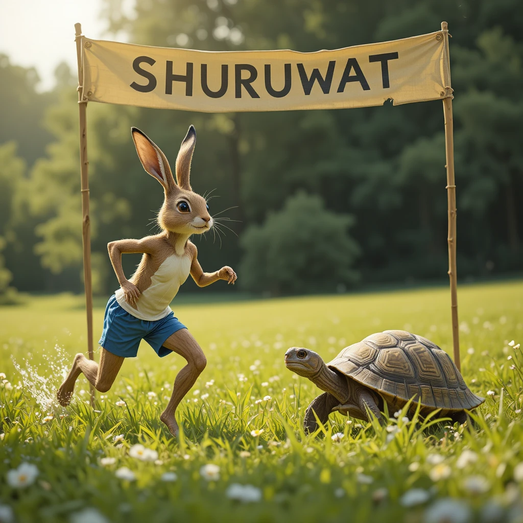 Playful rabbit racing a tortoise under a start banner