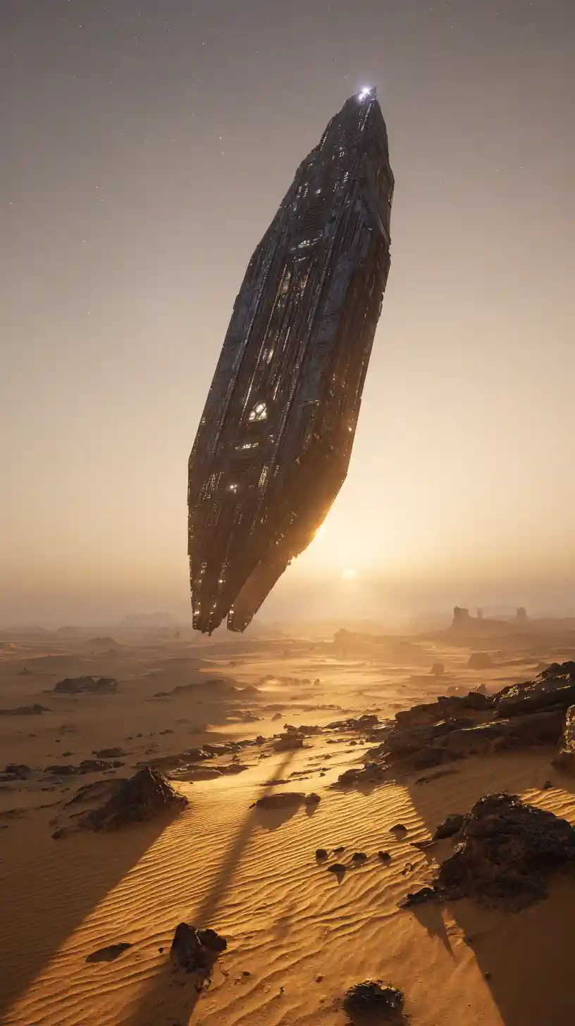 Colossal Alien Starship Over Sahara Desert At Sunset