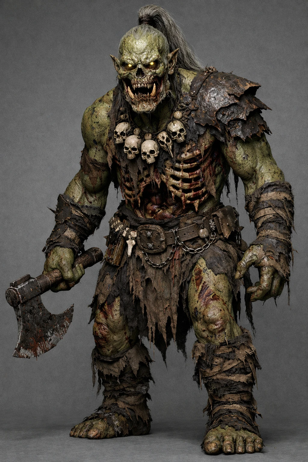 Gigantic zombie orc warrior with axe on gray background