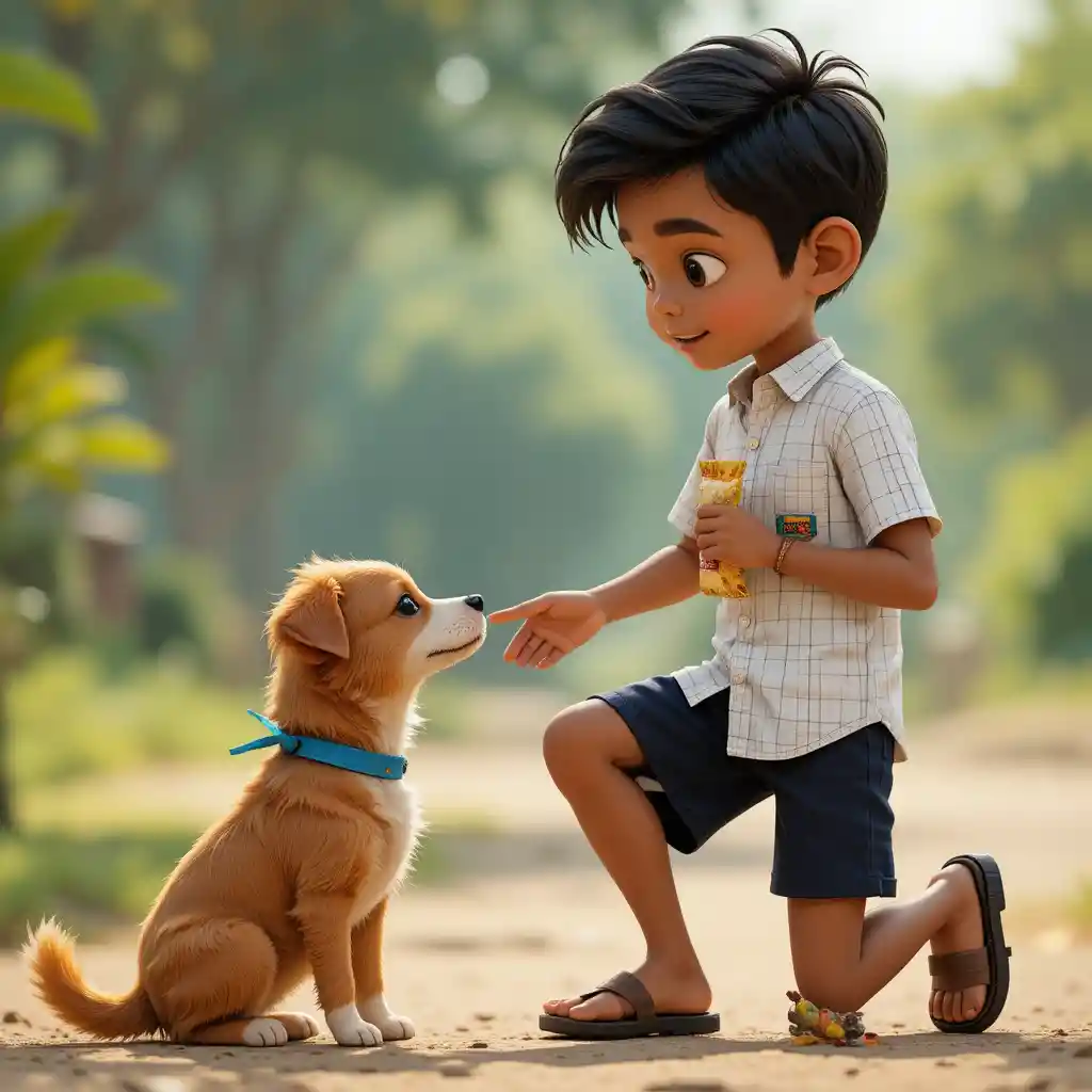 Young boy offering a snack to a small brown dog