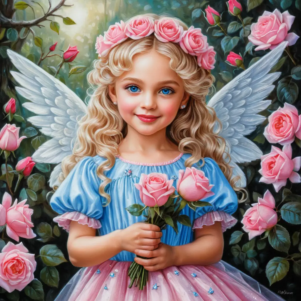Smiling spring angel girl holding pink rose bouquet