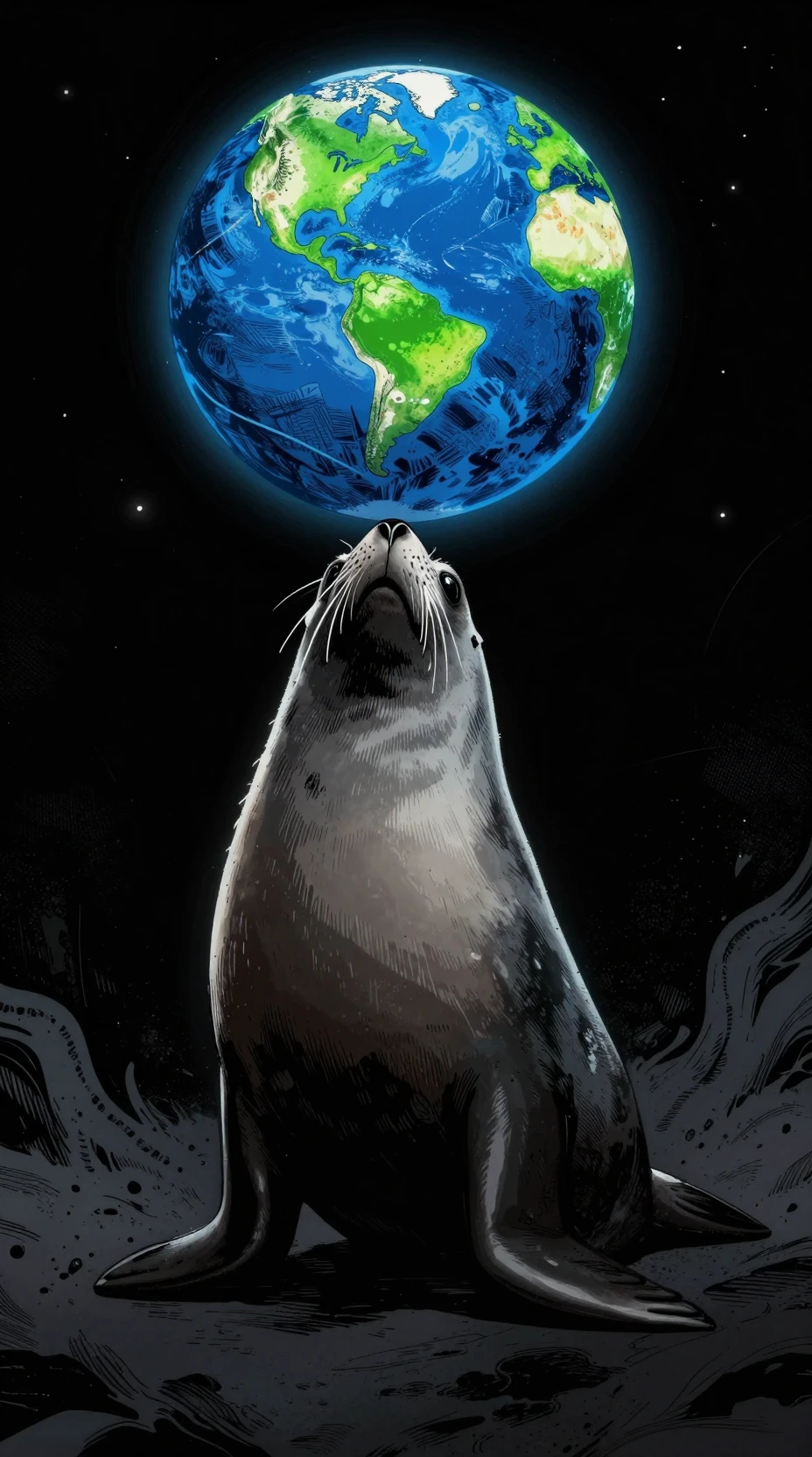 Seal Balancing Planet Earth In Dark Cosmic Comic Illustration