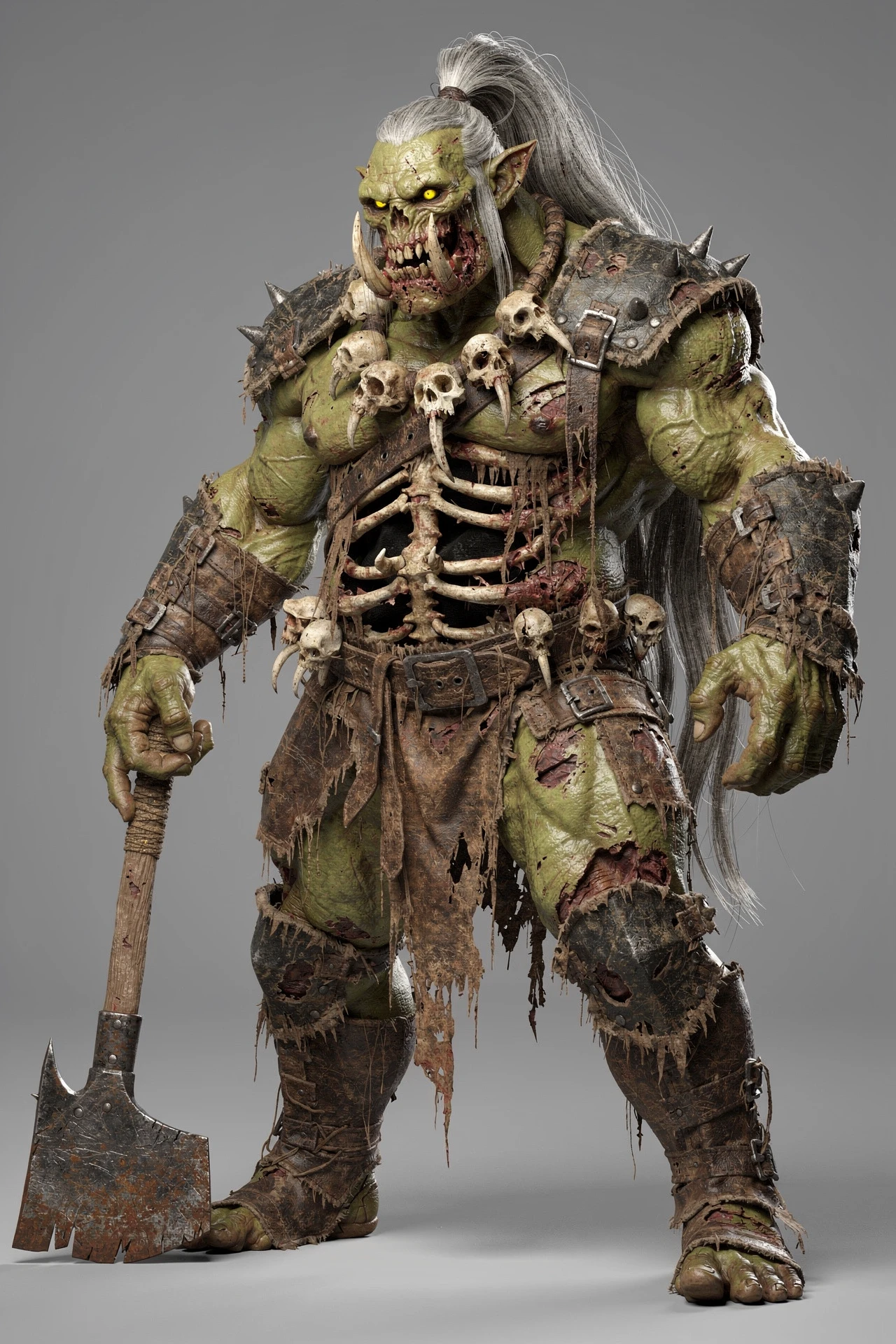 Full length 3D render of a gigantic zombie orc warrior