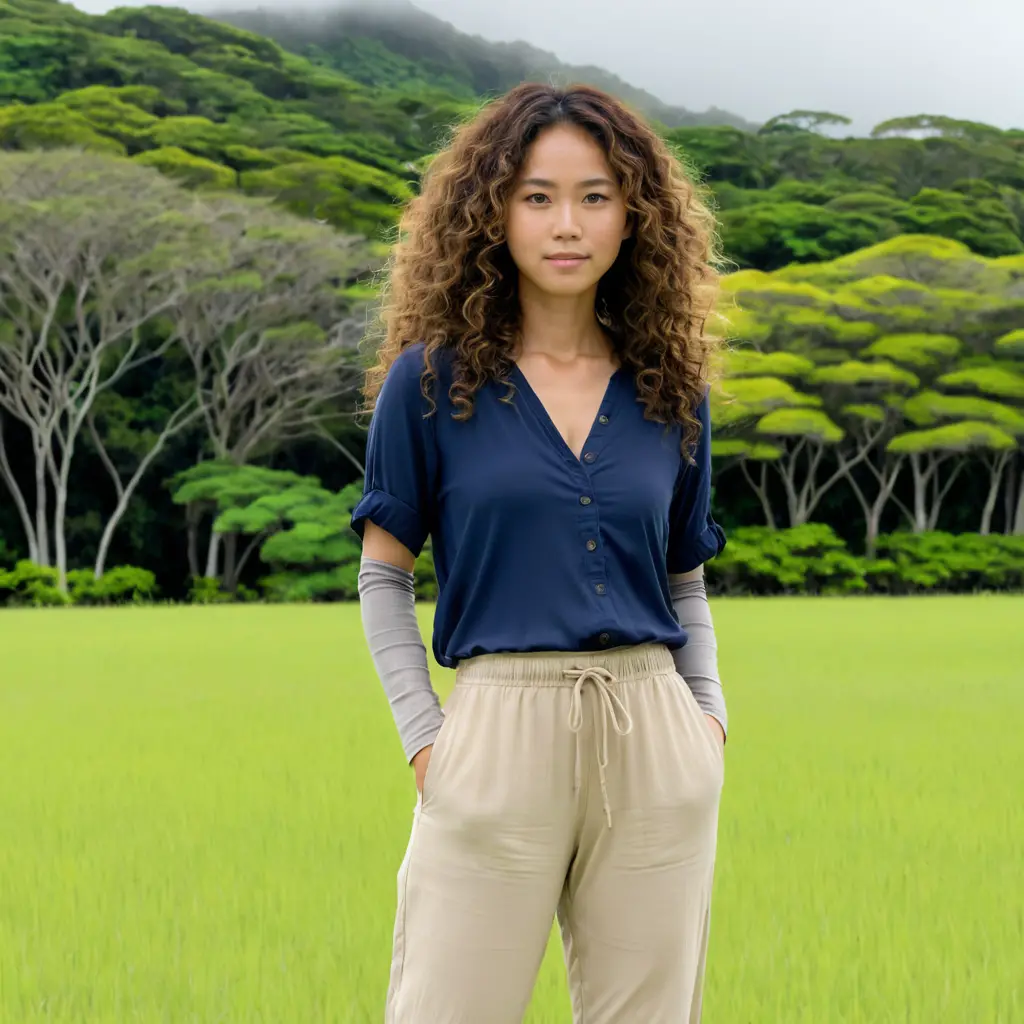 Beautiful Okinawan woman standing in a cloudy open field