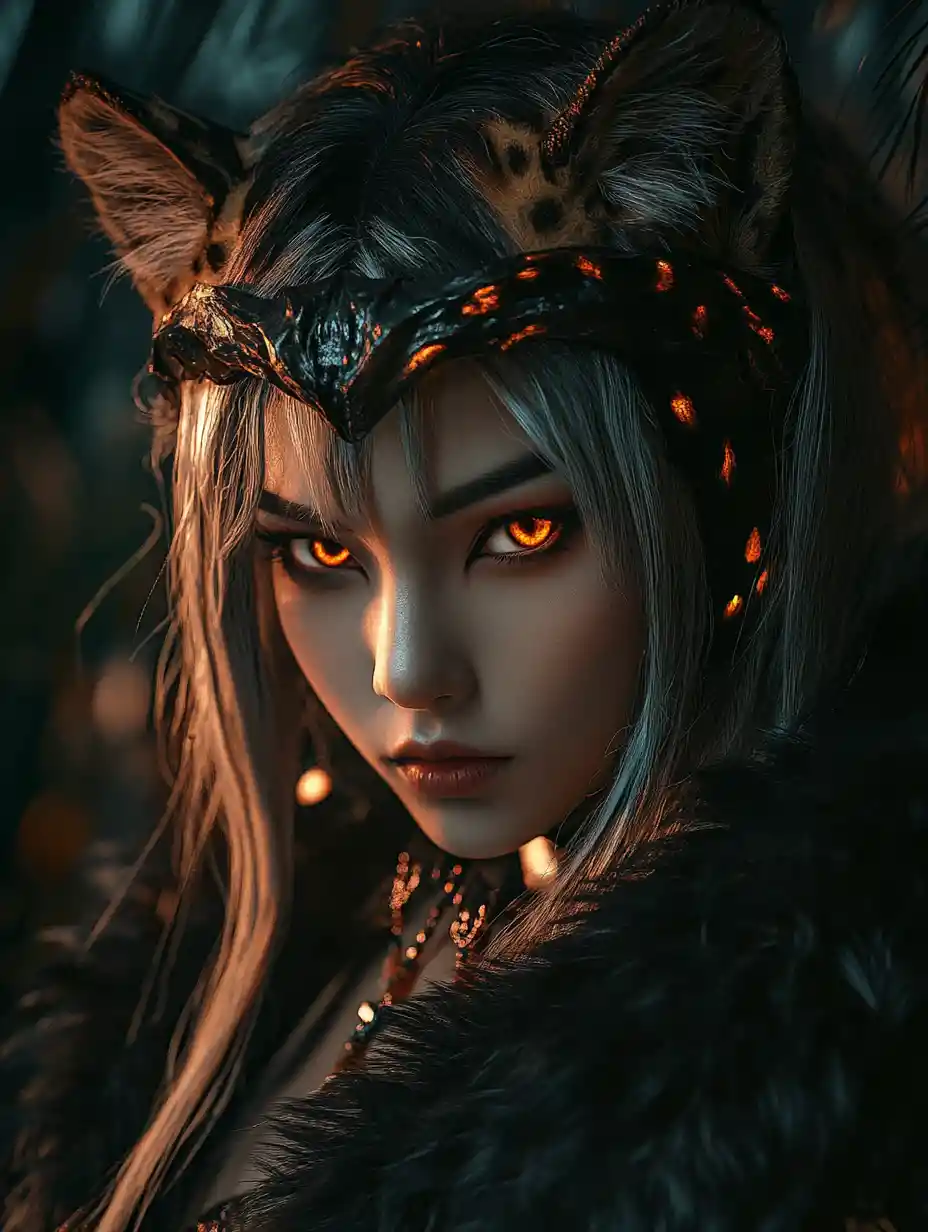 Fierce woman in wild leopard cosplay with ember eyes