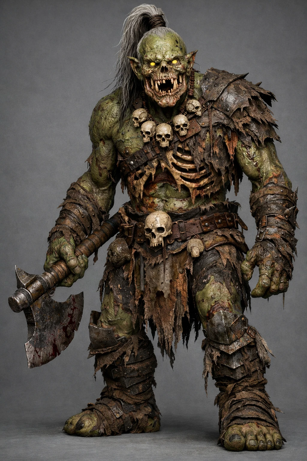 Gigantic zombie orc warrior with rotting tusks and axe