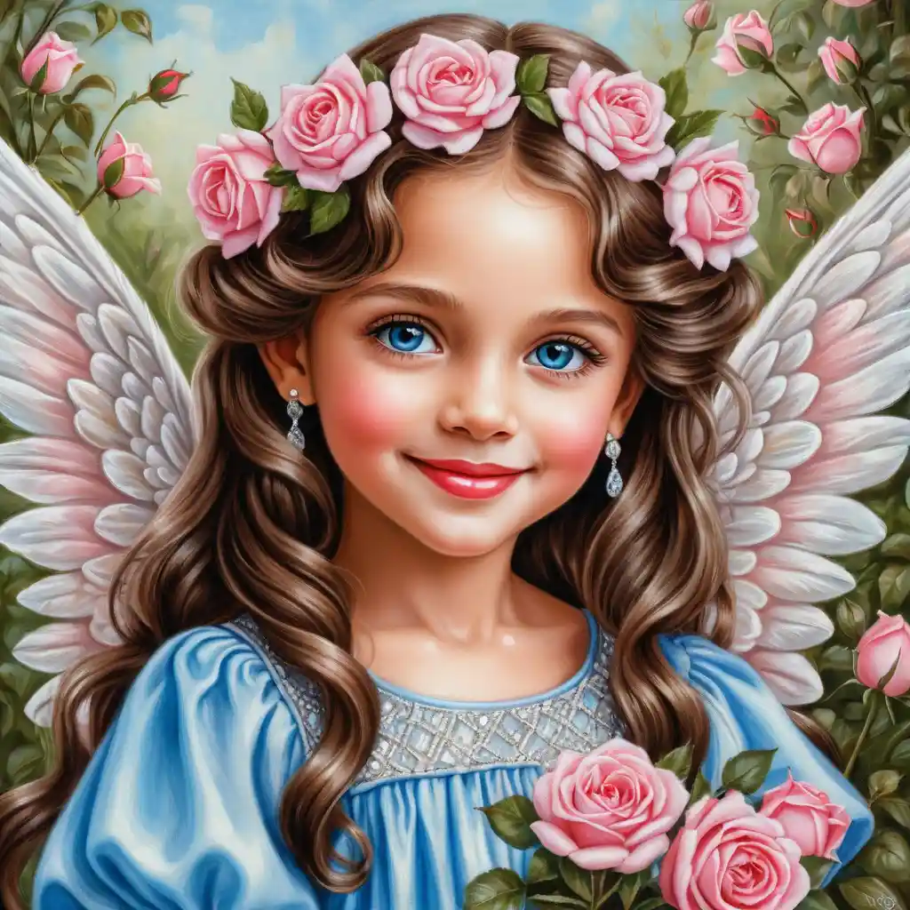 Smiling spring angel girl holding pink roses bouquet