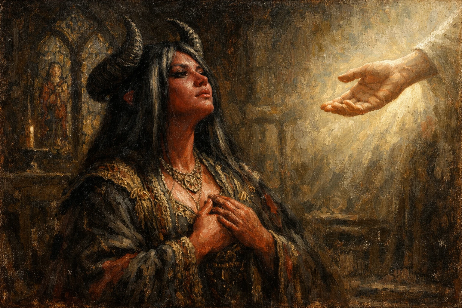 Demonic priestess seeking redemption in a shadowy chapel