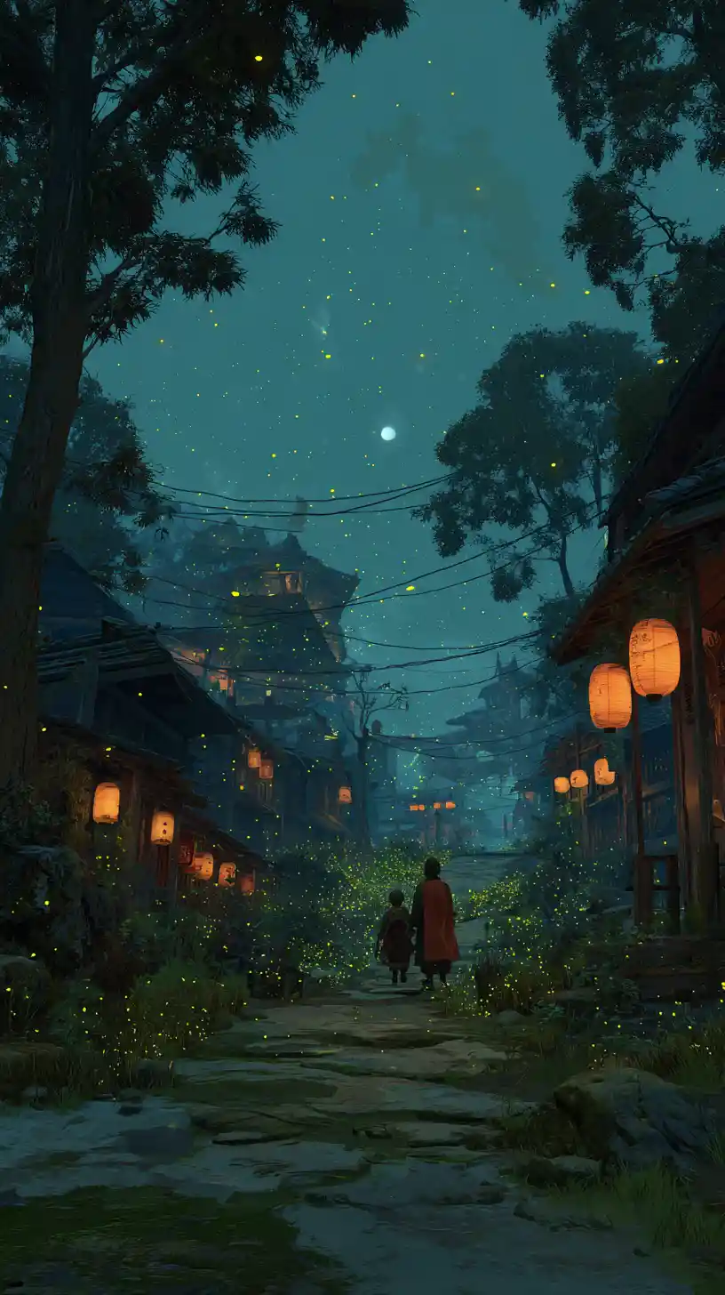 Ancient ninja village square at night in moonlit crossroads