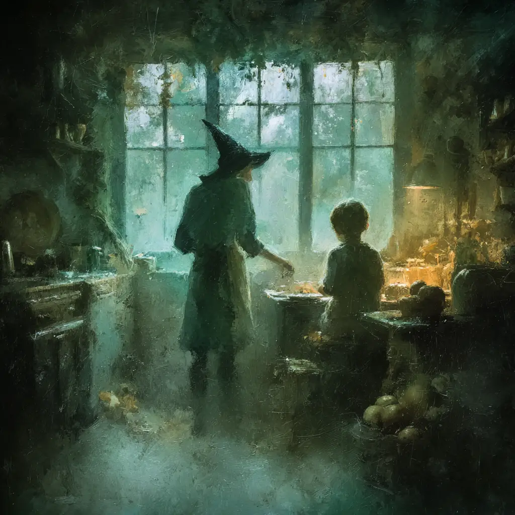 Watercolor children before a quiet gingerbread forest house