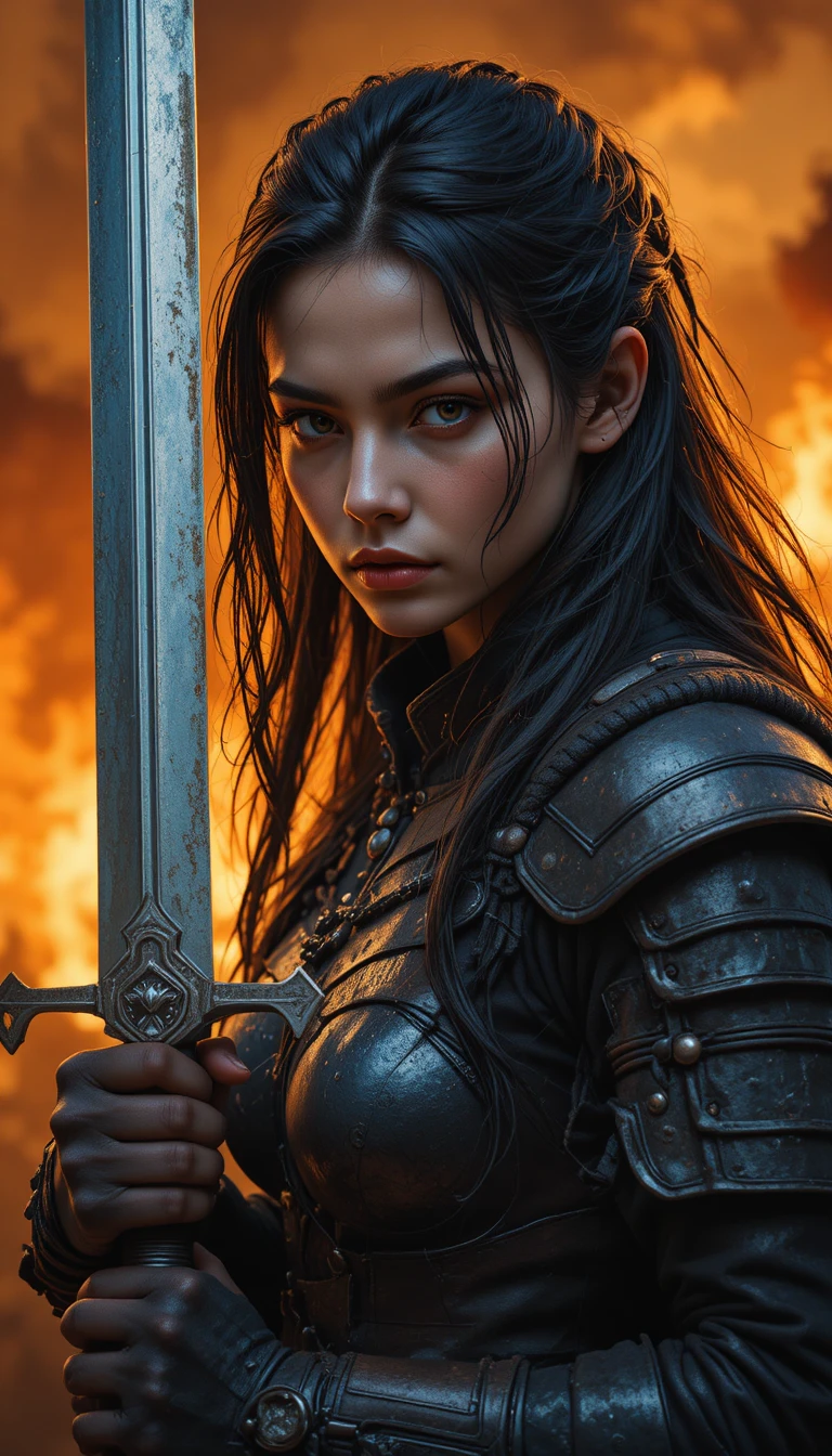 Fiery haired warrior woman raising sword for battle
