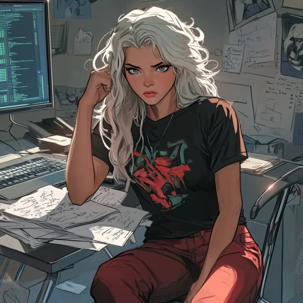 Thoughtful blonde woman writing in a cluttered study room