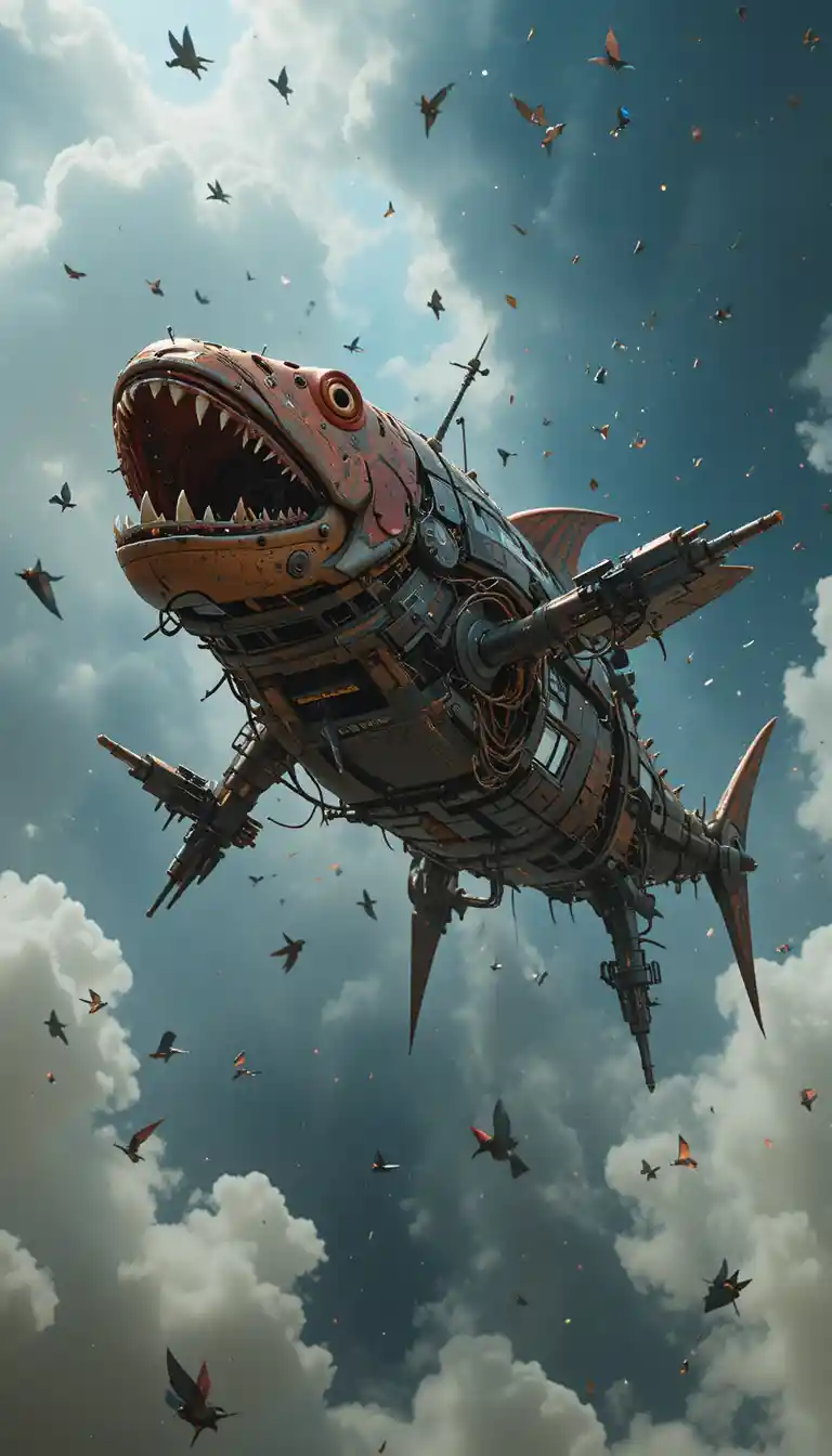 Mechanical drone piranhas with laser guns swarm the sky