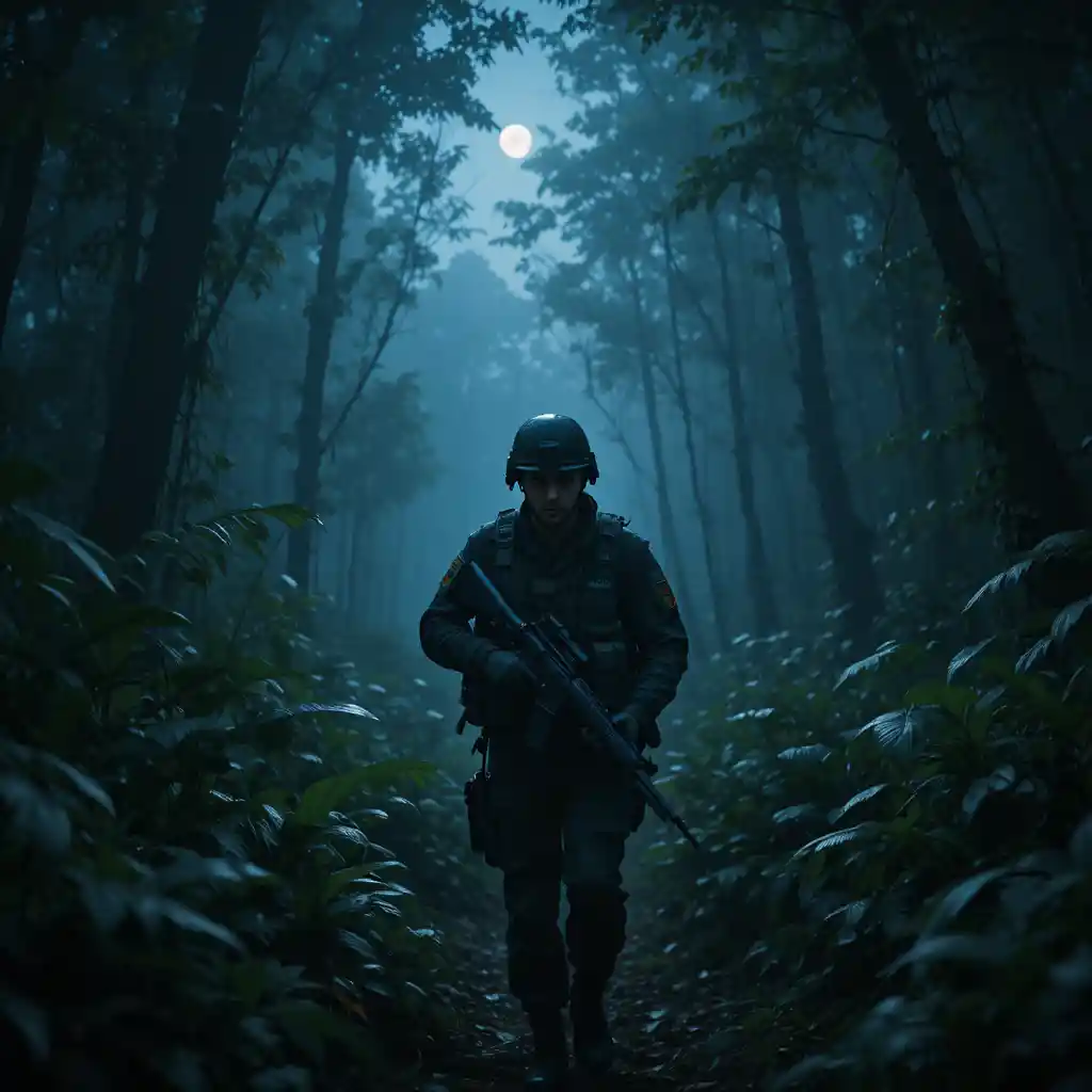 Soldier entering dark jungle at night under moonlight