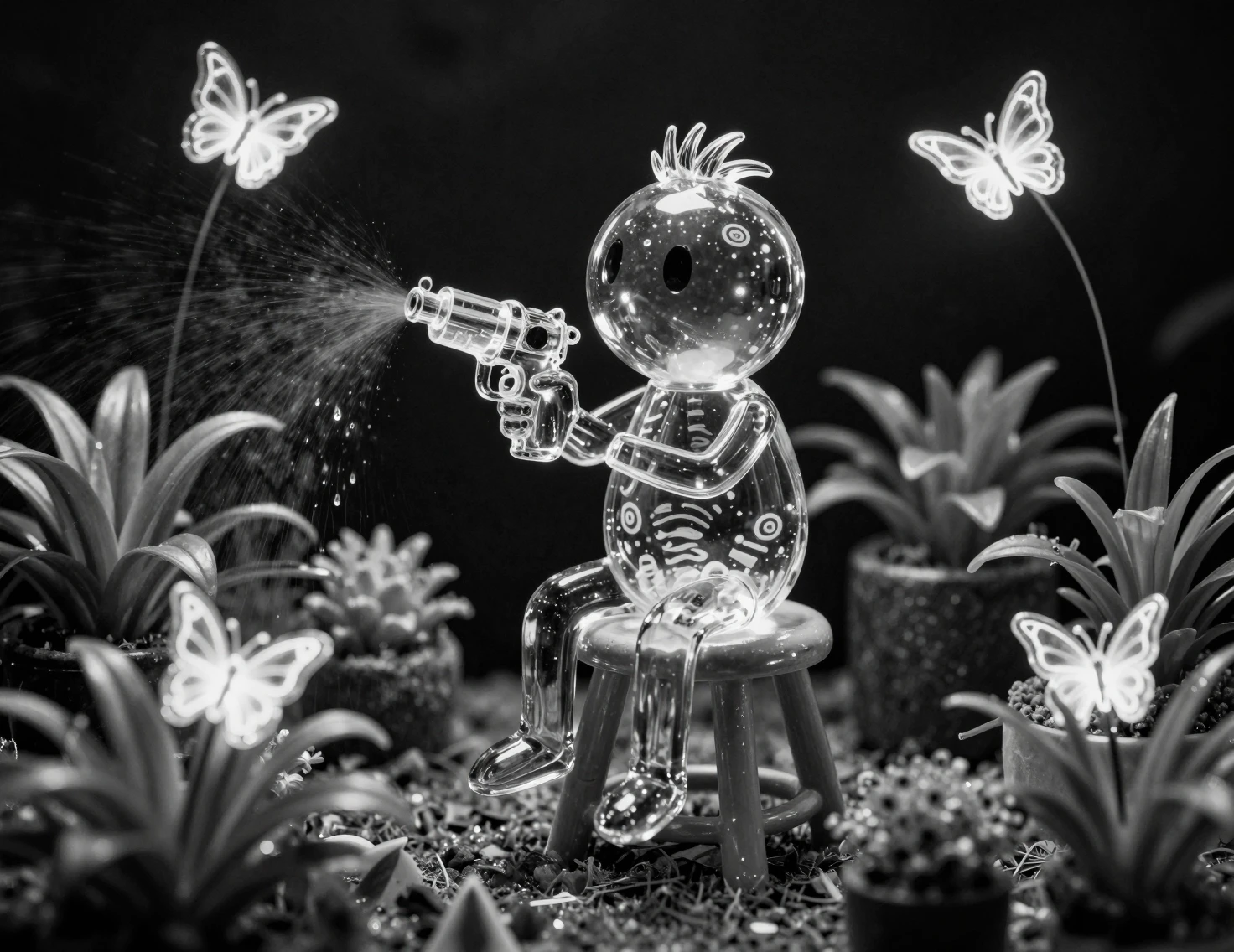 Glass figure with water pistol among ornamental plants