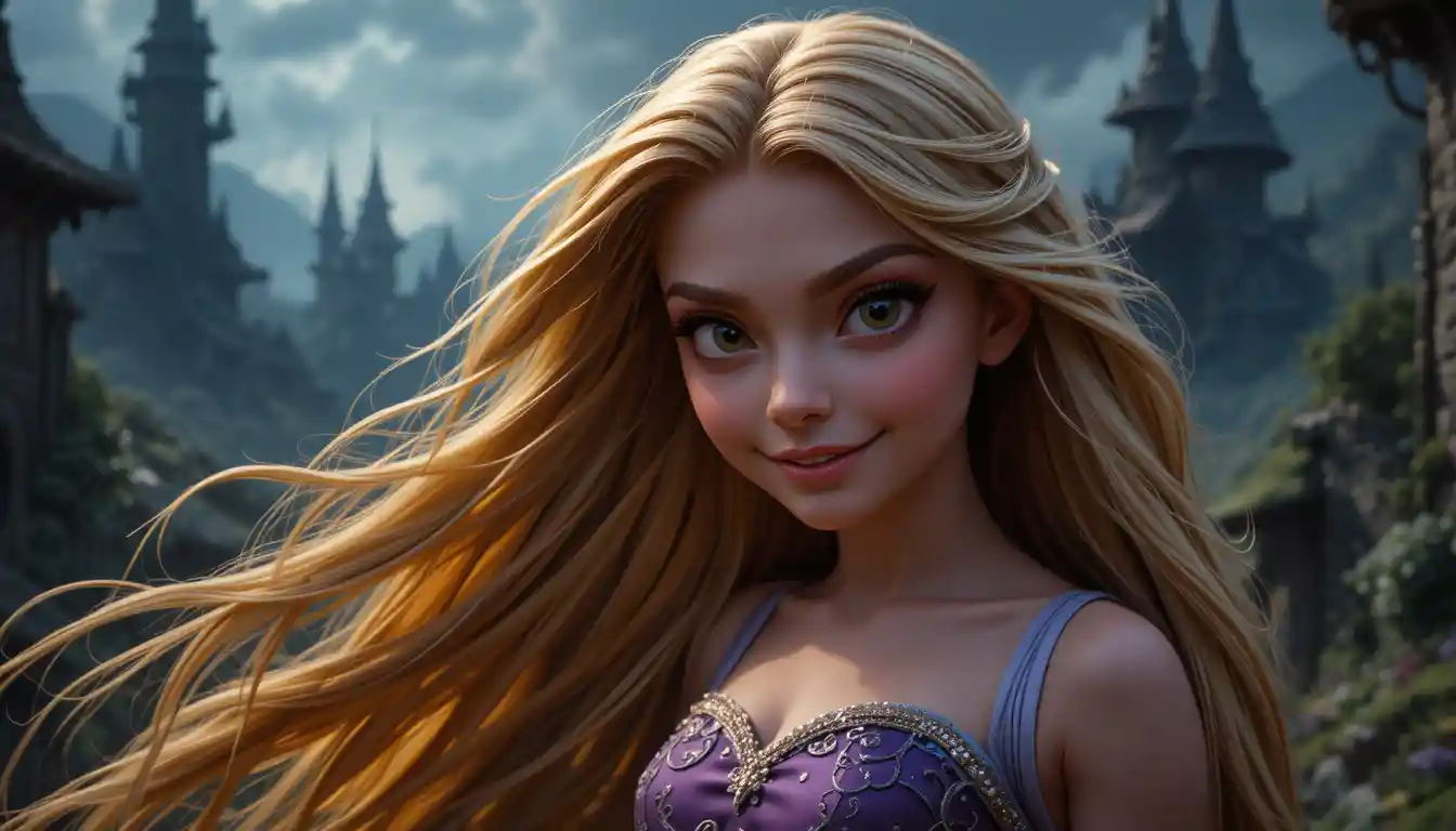 Intimidating fantasy woman with flowing hair in dark world