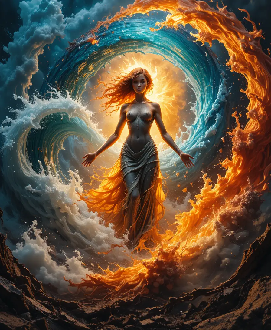 Elementare Frau, die aus wirbelndem Feuer, Wasser, Luft und Erde hervorgeht