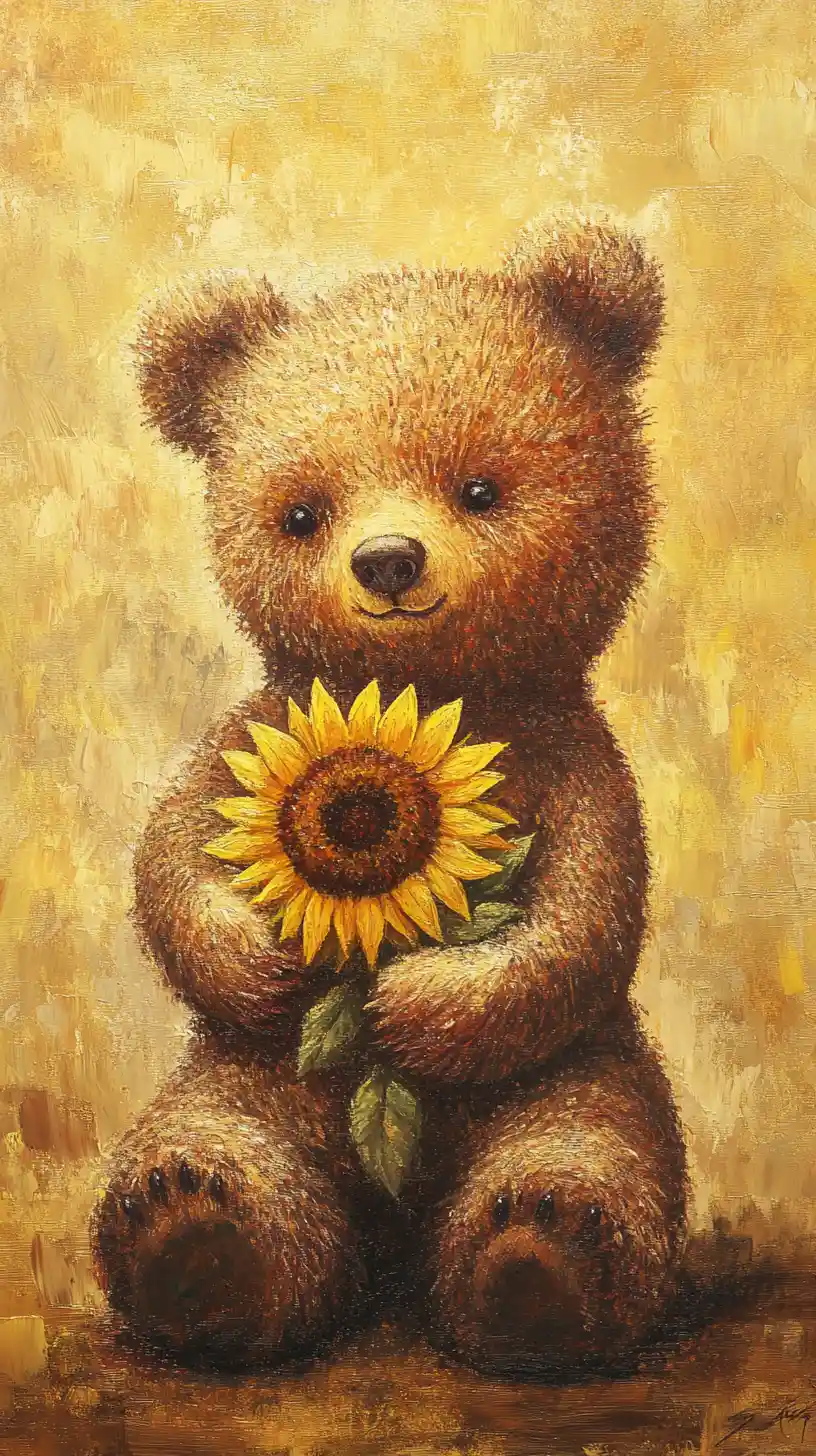 Chubby Baby Bear Holding A Sunflower In Soft Golden Dots