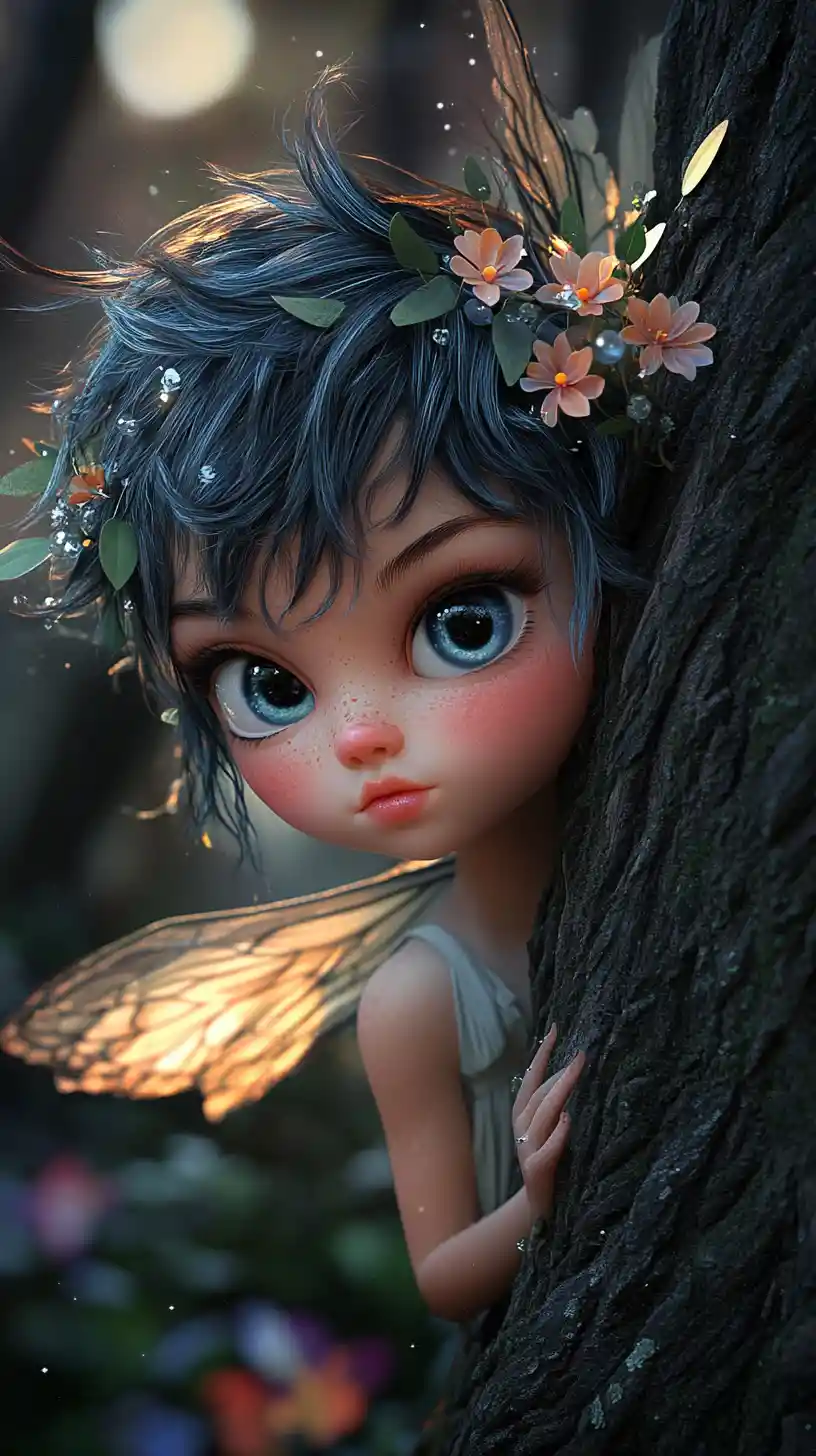 Pouty fairy girl peeking playfully from behind a tree