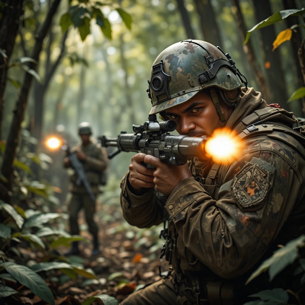 Pakistani army officer firing rifle in dense jungle combat