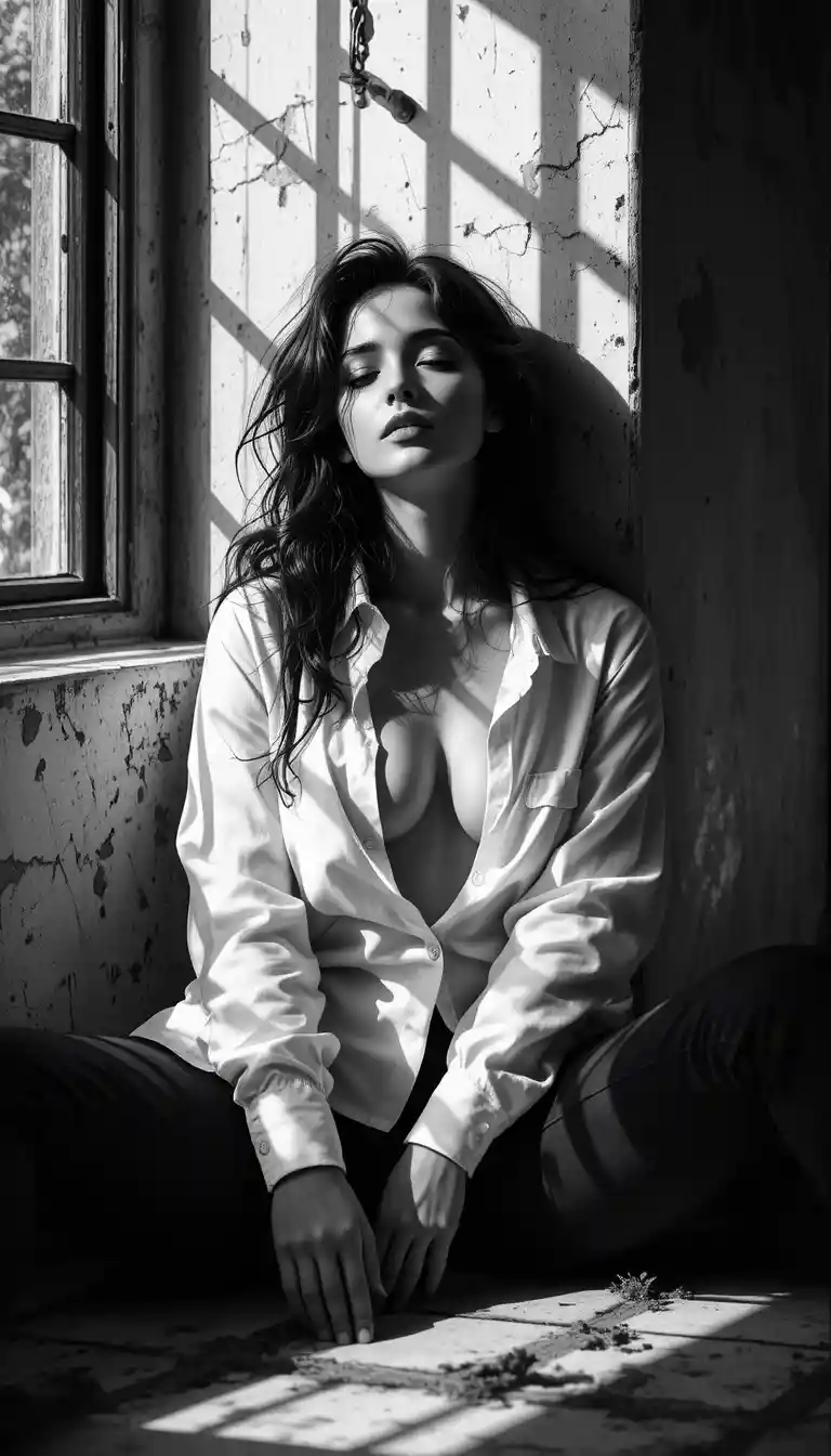 Moody black and white portrait of a woman on floor