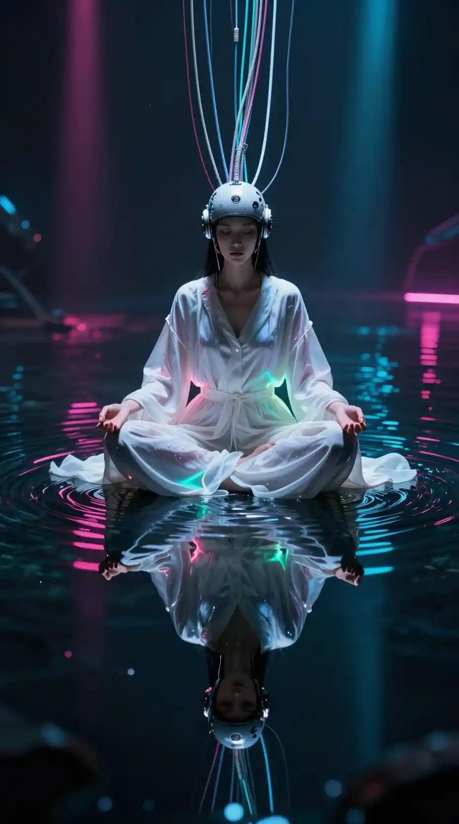 Donna cyberpunk che medita su una superficie d’acqua al neon luminosa