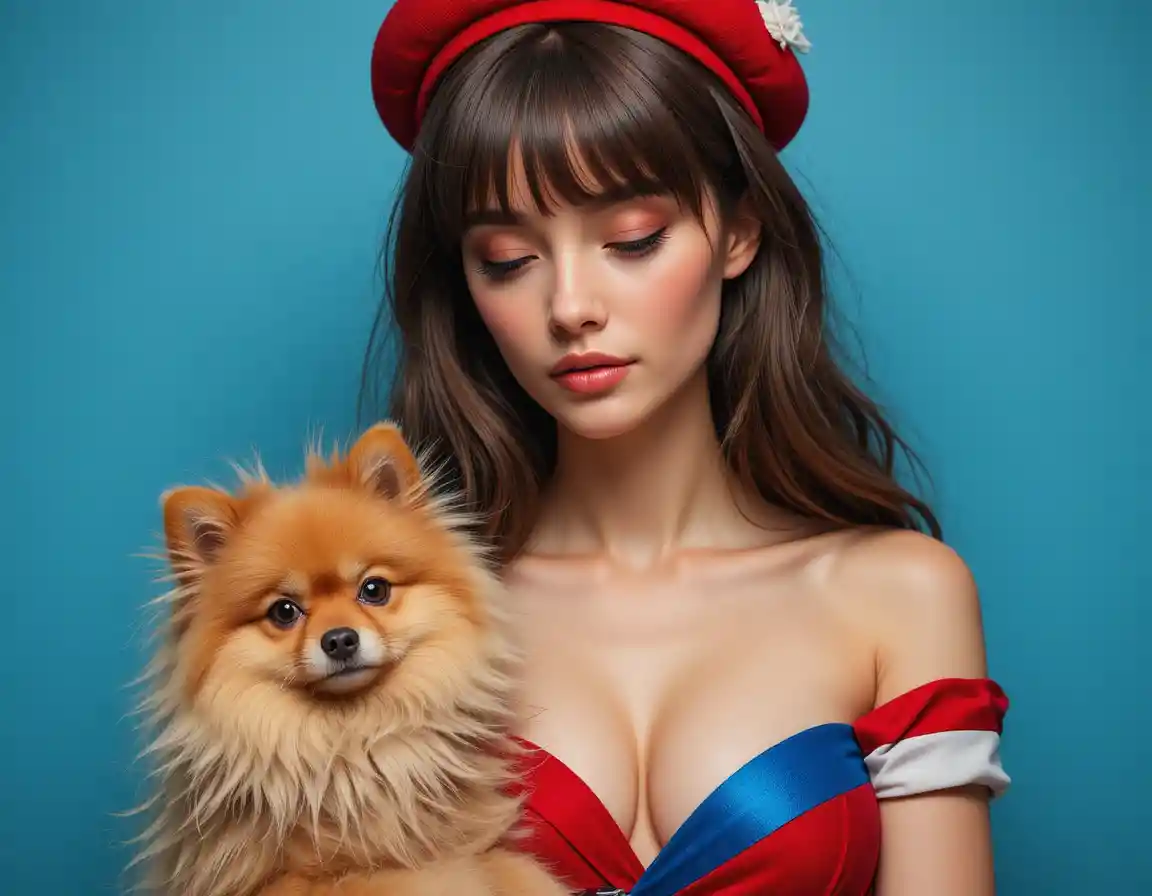 Stylish woman in red beret holding fluffy Pomeranian dog