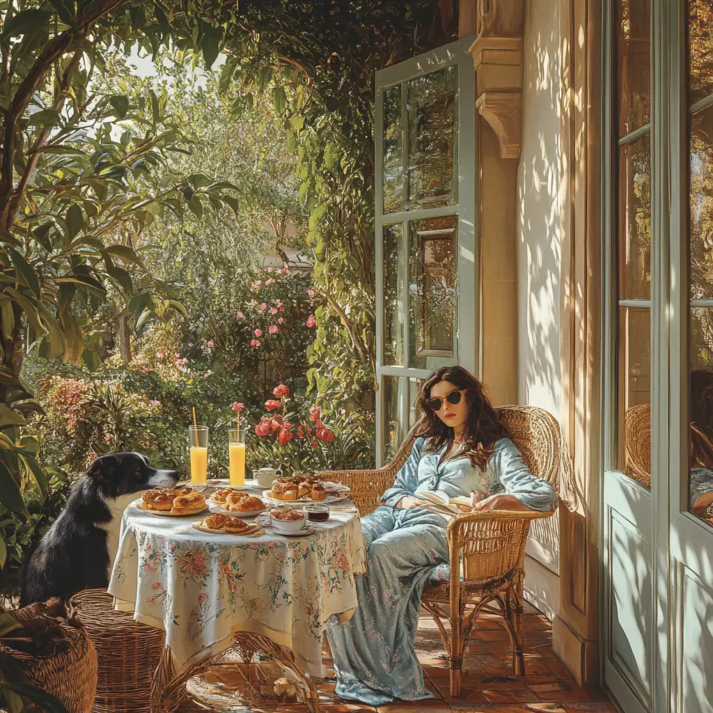 Woman relaxing on garden porch lounger with cat and dog