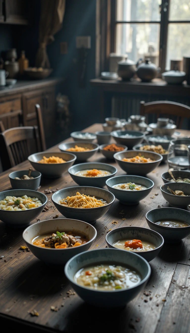 Messy kitchen table with old mismatched bowls and leftovers