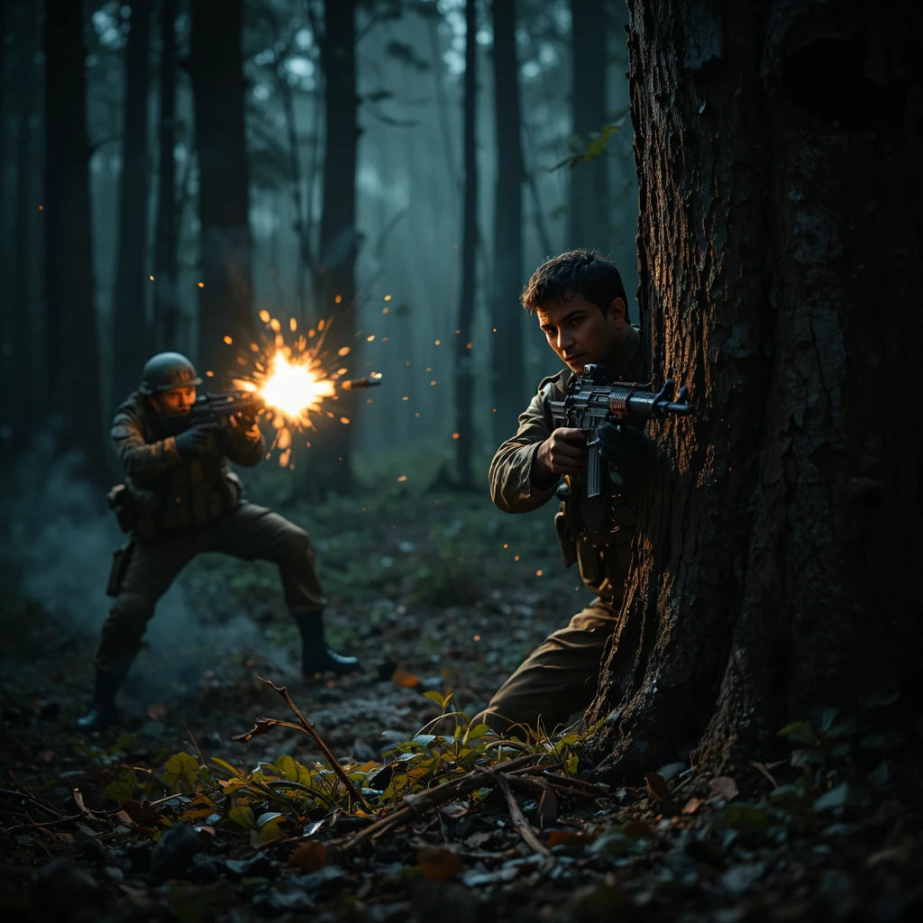 Soldier taking cover behind a tree in a dark forest