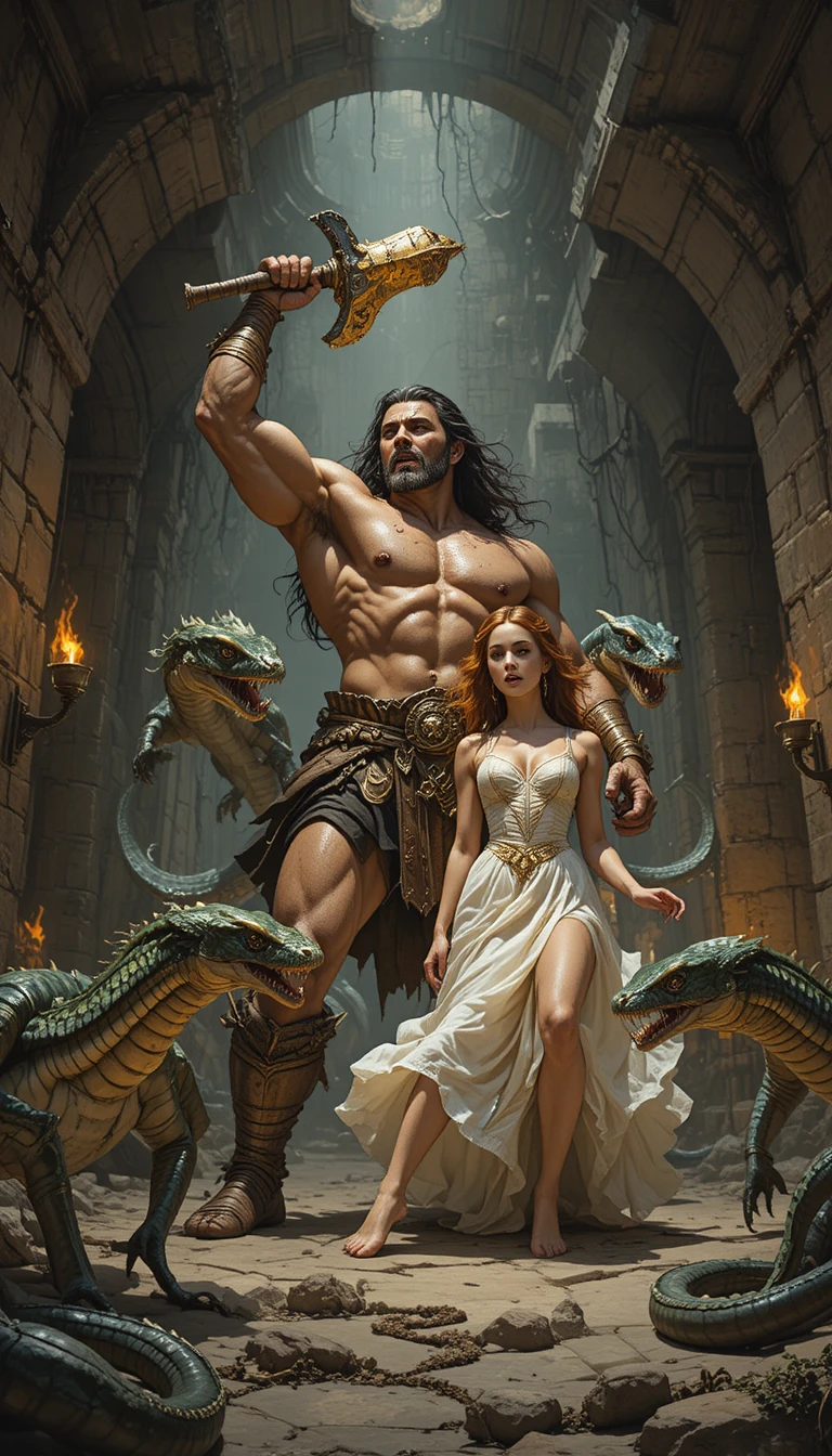 Barbarian warrior raising fiery axe in dark dungeon