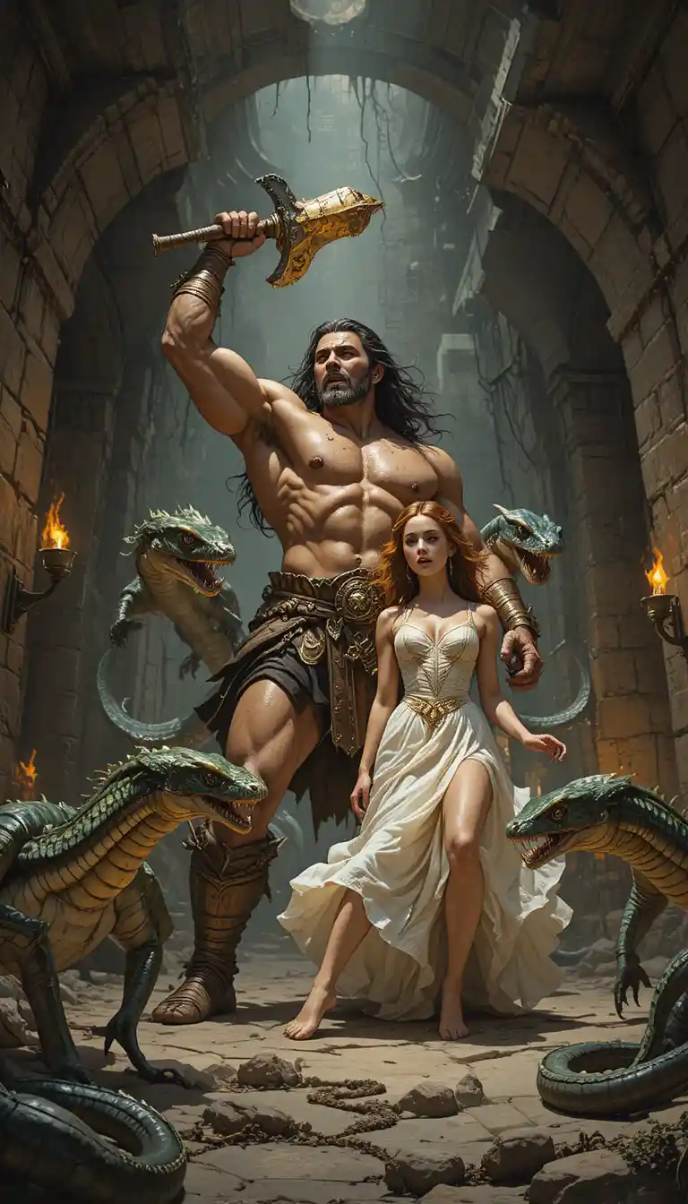 Barbarian warrior raising fiery axe in dark dungeon