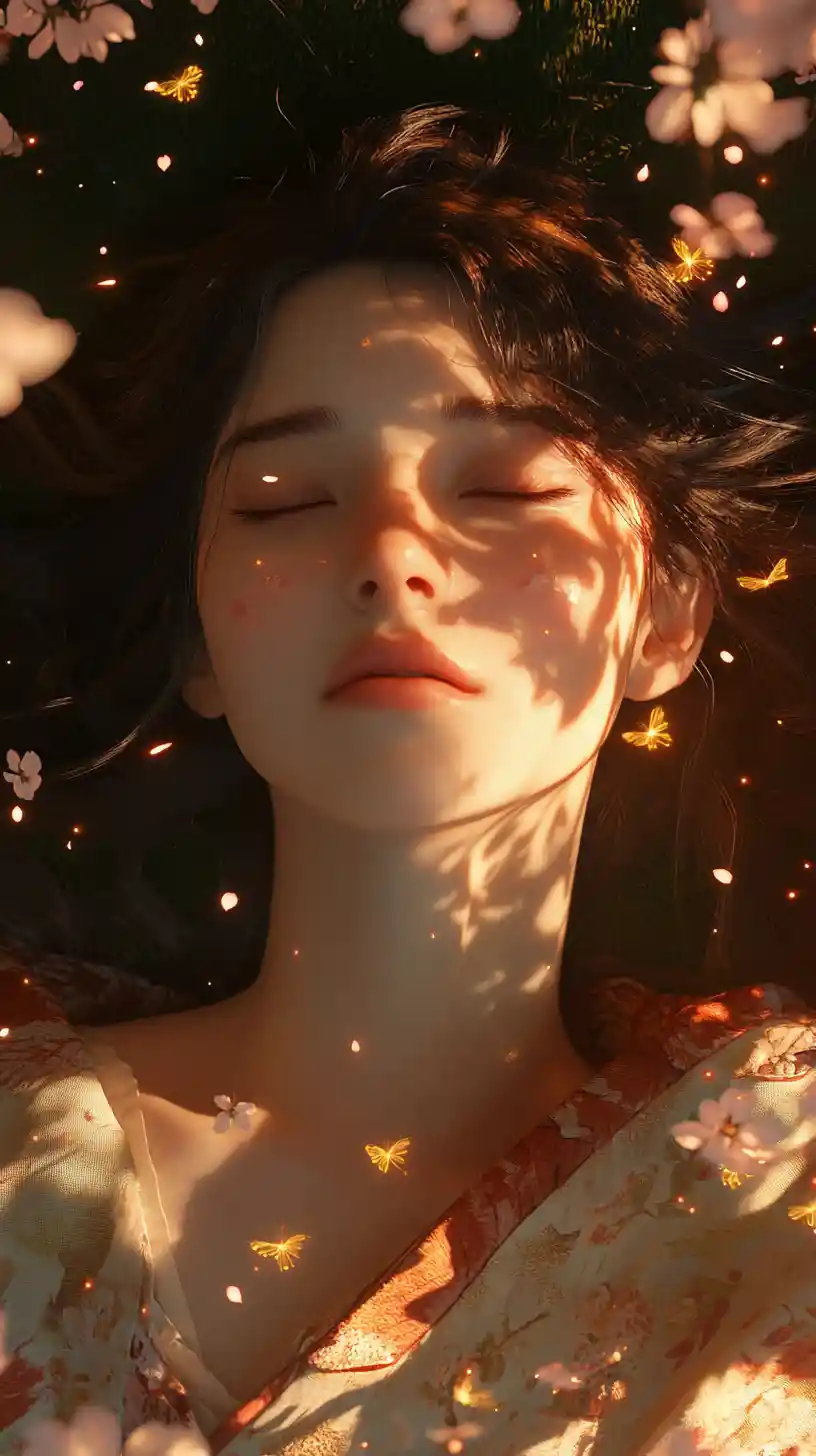 Divine woman resting beneath a twilight cherry tree
