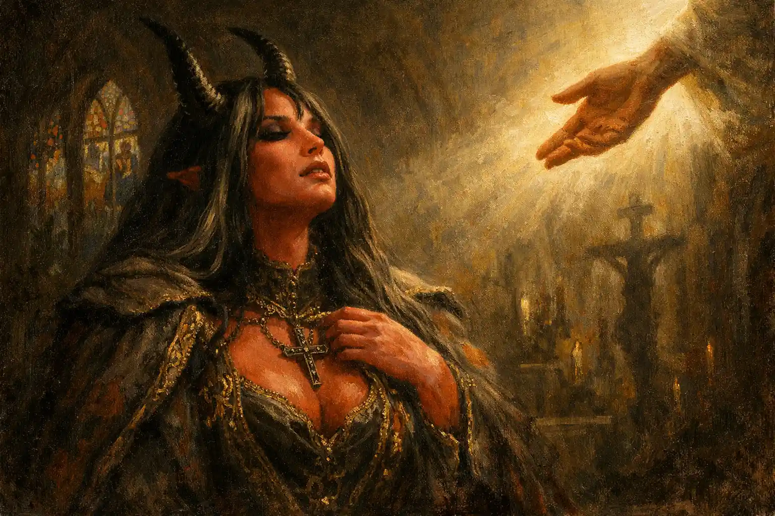 Demonic priestess gazing toward redeeming light in chapel