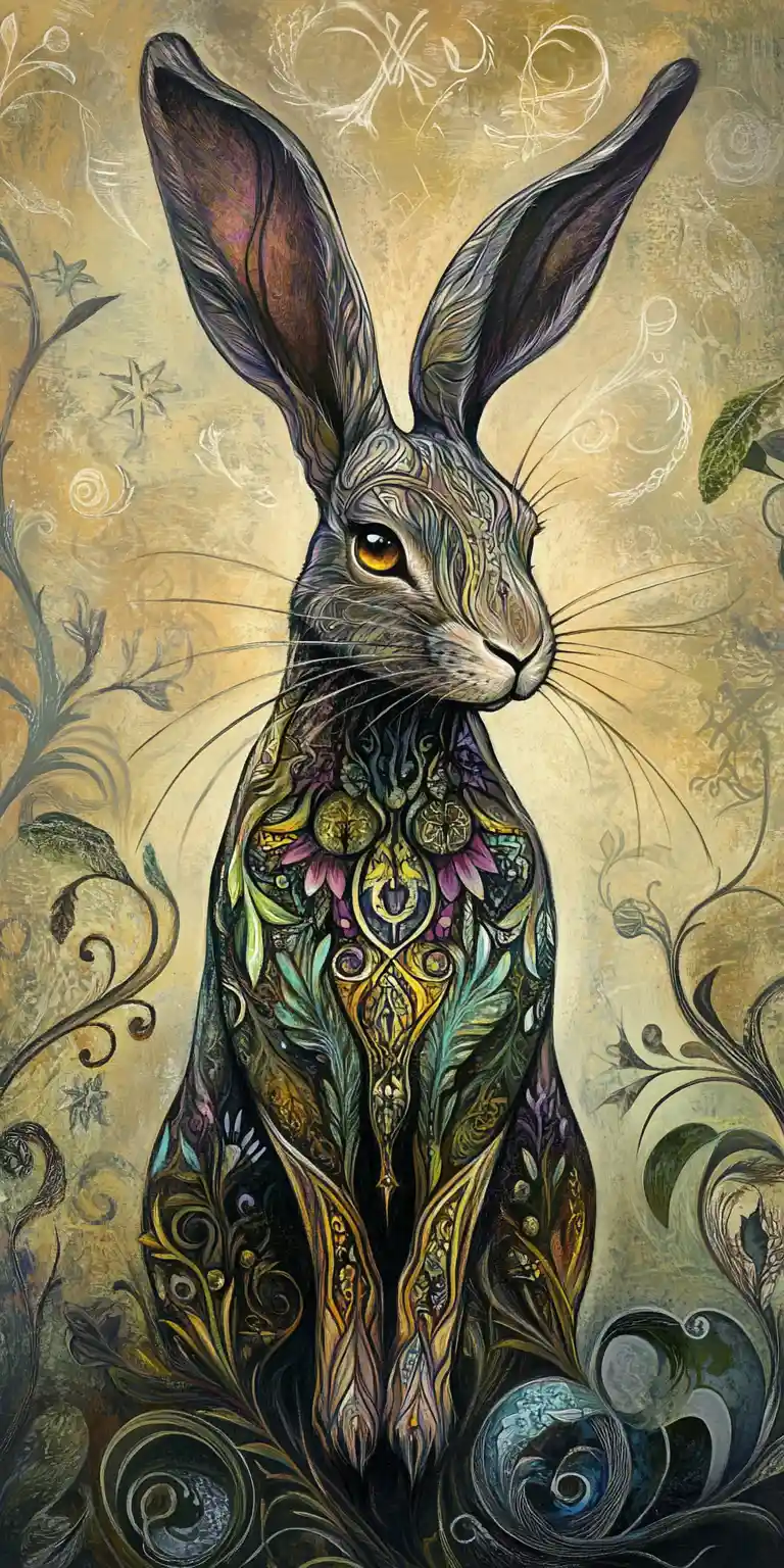 Gothic fantasy rabbit with intricate botanical patterns