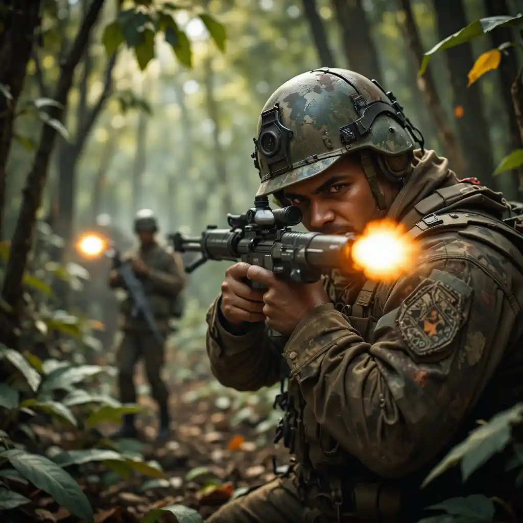 Oficial del ejército paquistaní disparando un fusil en combate en la selva densa