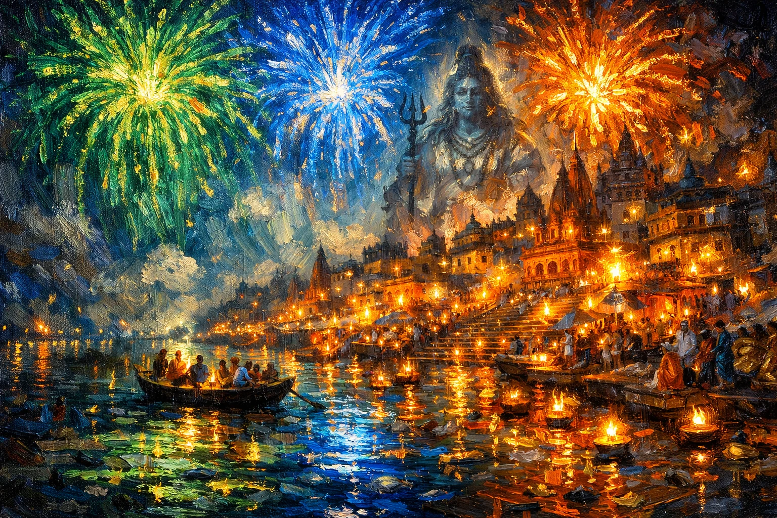 Fireworks Exploding Above A Mystical Ganges River Nightscape