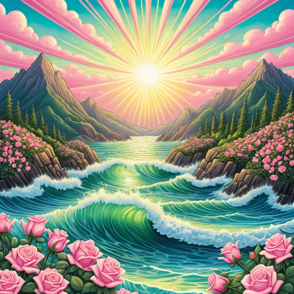Ocean waves and sunbeams framed by mountains and roses