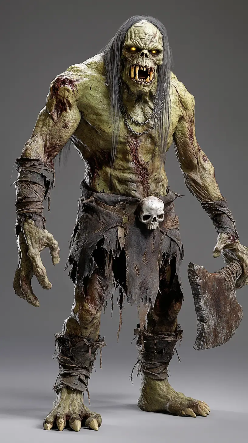 Orco zombi gigantesco con ossa esposte e ascia da battaglia