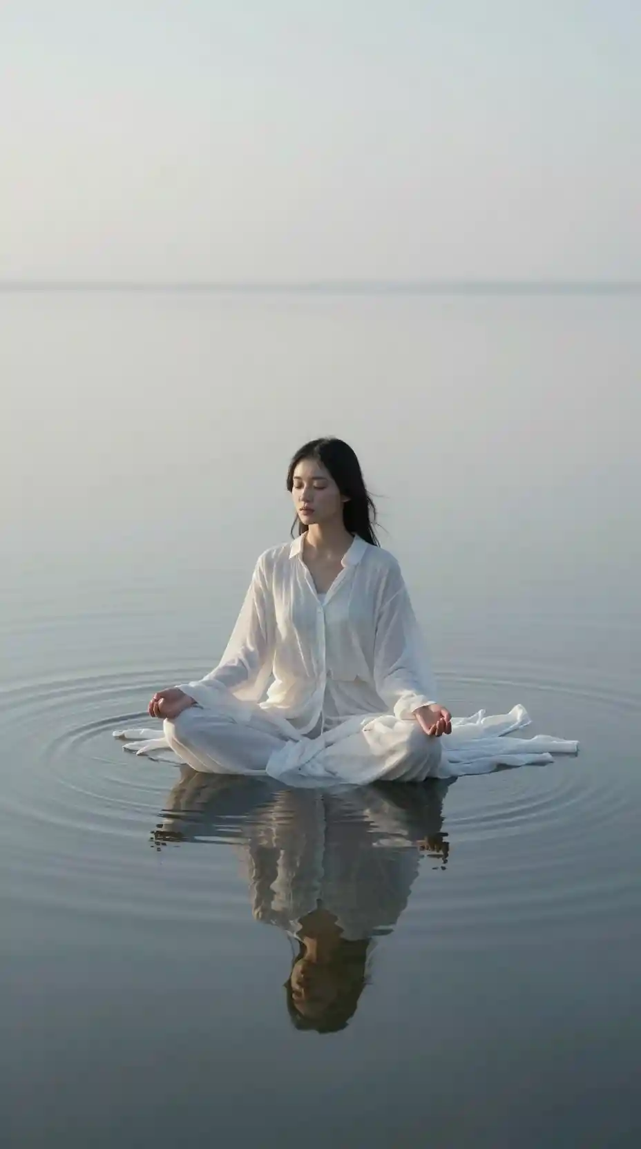 Young woman meditating on a tranquil reflective water plain