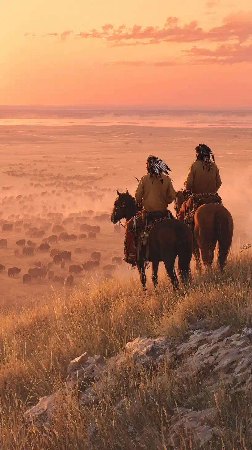 Plains riders watching a distant bison herd at sunset
