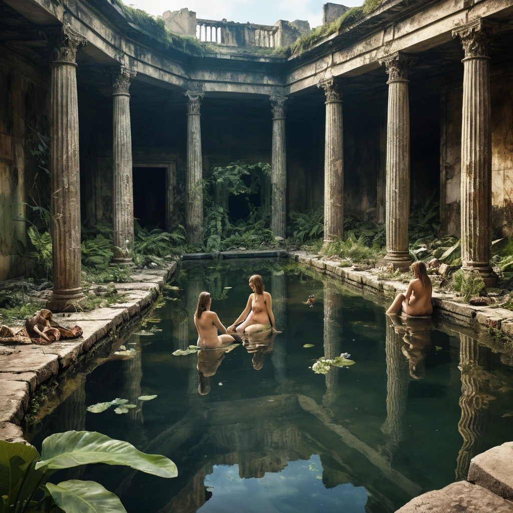 Women bathing in an ancient oasis pool among ruins