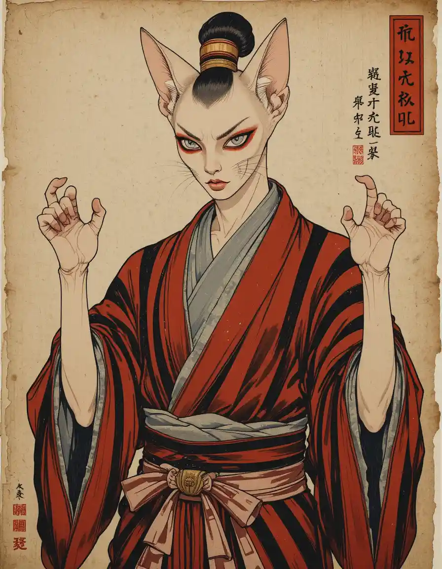 Ukiyo-e Sphynx-Katze in dramatischer Kabuki-Schauspielerpose