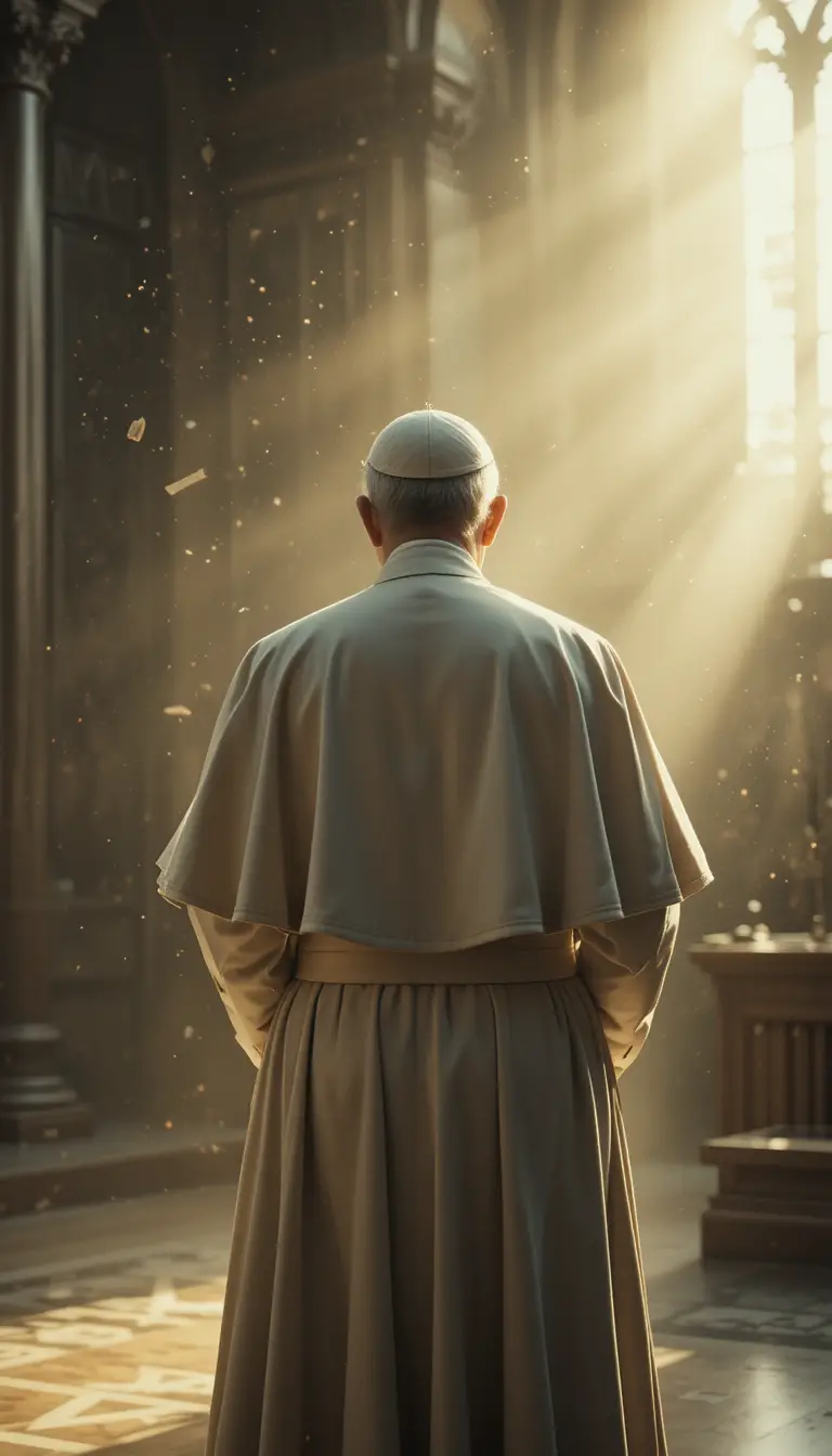 Elderly pope praying quietly in a softly lit chapel